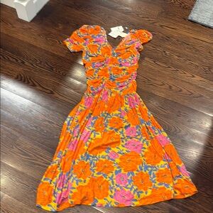 FARM Rio Orange and Pink Floral Midi Dress